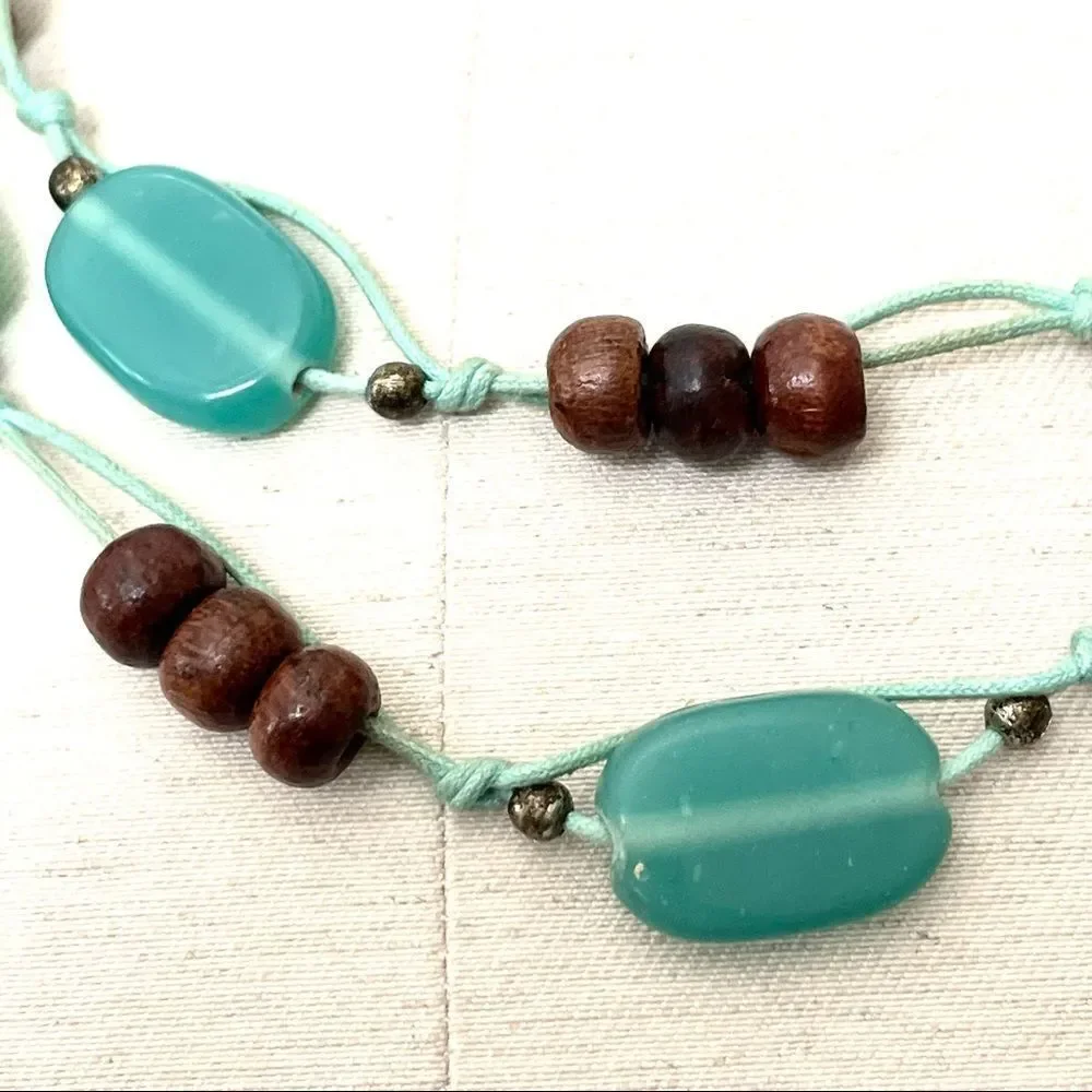 Blue and wood bead double strand necklace